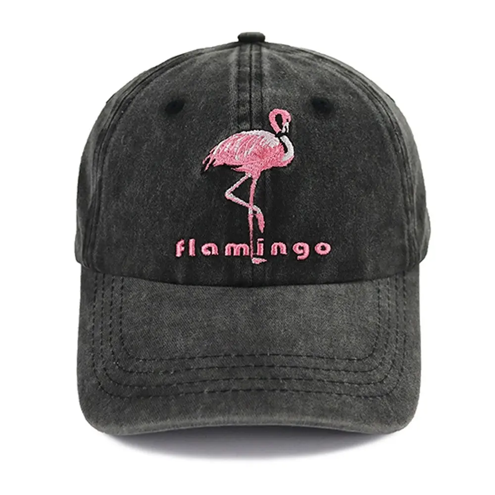 Flamingo Embroidered Baseball Cap, Adjustable Washed Cotton Casual Sun Hat
