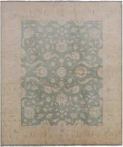 Green Chobi Peshawar Hand Knotted Wool Rug - 8' 3" X 9' 8"