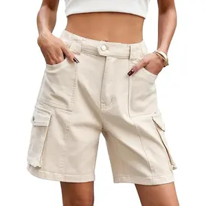 Eddoyee Womens Bermuda Shorts High Waisted Cargo Shorts with 6 Pockets Elastic Knee Length Summer Casual Shorts