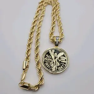 Centenario With Clear Stones Pendant  1.5 Inches Rope Chain  23.5 inches 8 millimeters Laminated Gold Jewelry Accessory.