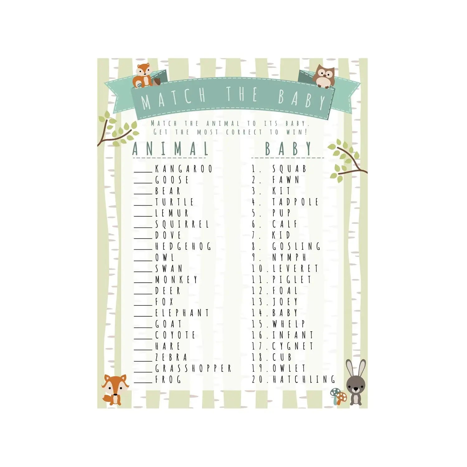 Woodland Baby Shower Match Game