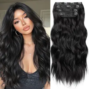 Seeway 20 Inch 4PCS Thick Hairpieces Long Wavy Natural Synthetic Clip in Hair Extensions Double Weft Hair Extensions for Women Daily Party