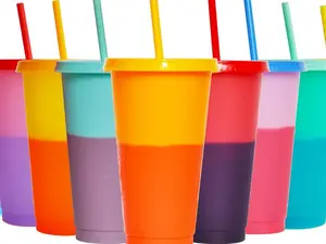 SIBAO 10 Pcs Plastic Color Changing Cups with lid and straws,24 oz Leak-proof Drink Tumblers for adults,Cold Drink Cups for Smoothie, fruit juices, yogurt, milk tea