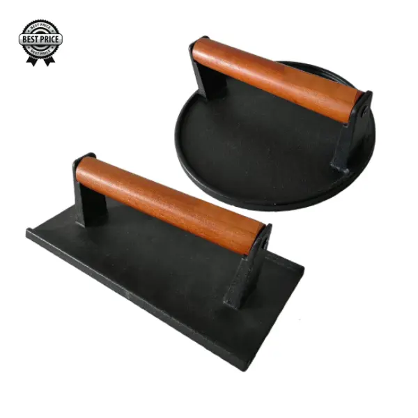Pre-Seasoned Cast Iron 2-Piece Burger Press Set - 7.08 Inches Round, 8.3 x 4.3 Inches Rectangle Flat Bottom, Wooden Handle Kitchen Utensil for Gourmet Burgers, Sausage Prep, 2.5 lbs, Easy-Clean Grill Meat Prep Tool