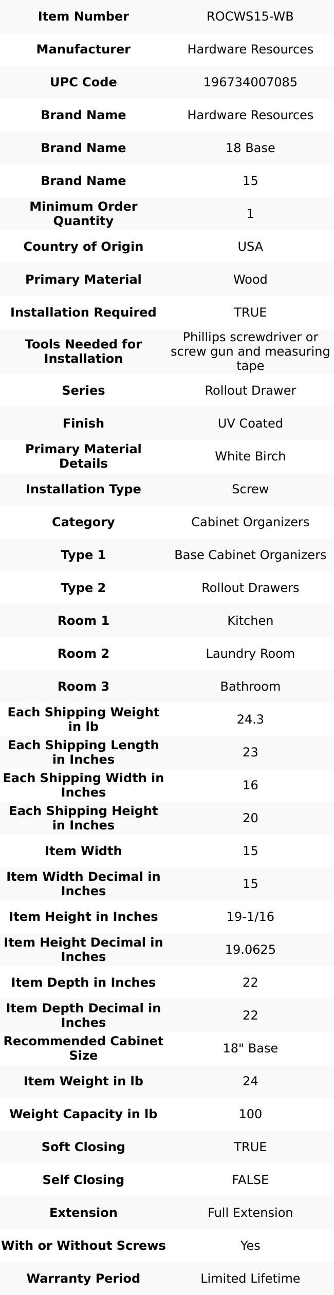 Hardware Resources 15" Single Wood Rollout Cookware Drawer Pulls