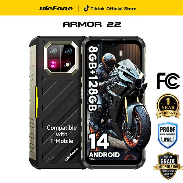 Ulefone Armor 22 Rugged Smartphone Unlocked, Android 16 OS, 64MP + 64MP, Helio G96 16GB RAM 128GB ROM, 6.58”FHD+ 120Hz Screen, 33W Charging 6600mAh Battery, IP68/IP69K Waterproof Phone, NFC/IR Blaster