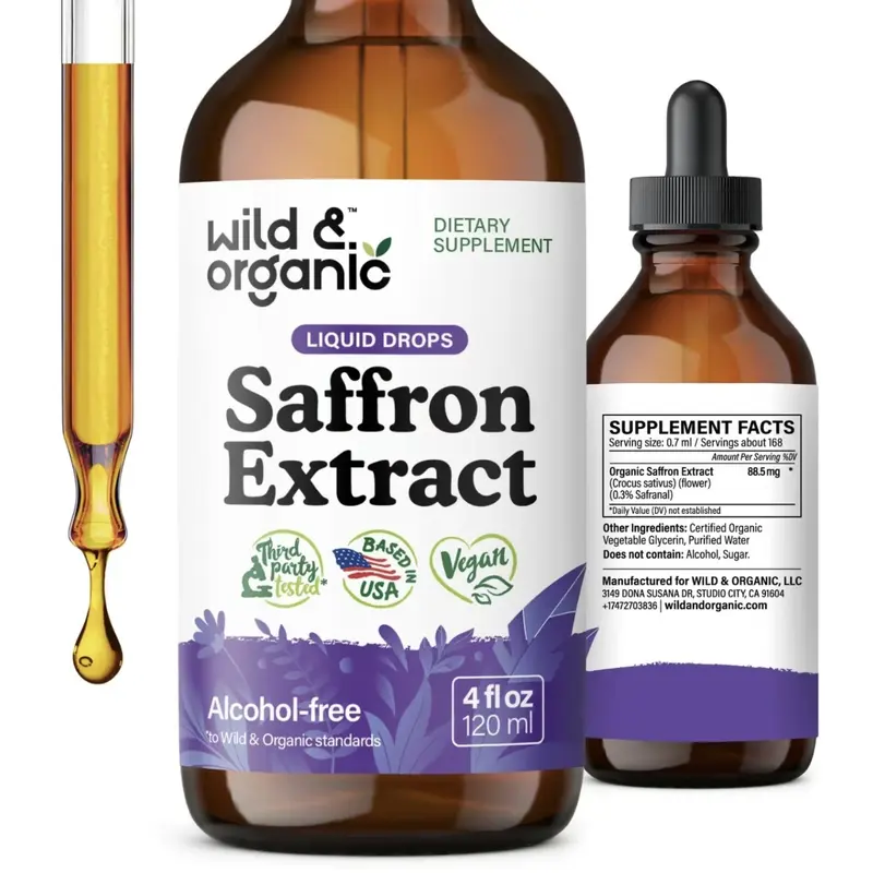 Wild & Organic Saffron Drops - 88.5 mg Liquid Saffron Supplement for Mood, Brain & Vision Support - Crocus Sativus Extract Tincture - Vegan, Sugar & Alcohol-Free