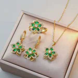 4PCS Green Jewelry Set Necklace for Women Plum Blossom Jewelry Rotating Necklace Earrings Ring Set Accessories Gift for Friends