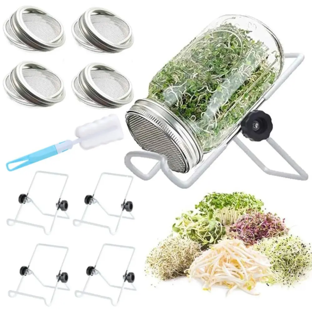 Set of 4 Sprouting Jar Lid with 4 Pack Stainless Steel Sprouting Stands and 1pc Brush for Wide and Wide Mouth Mason Jar for Growing Organic Sprouts