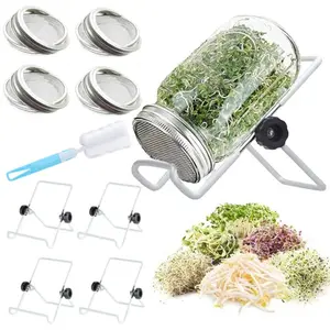 Set of 4 Sprouting Jar Lid with 4 Pack Stainless Steel Sprouting Stands and 1pc Brush for Wide and Wide Mouth Mason Jar for Growing Organic Sprouts