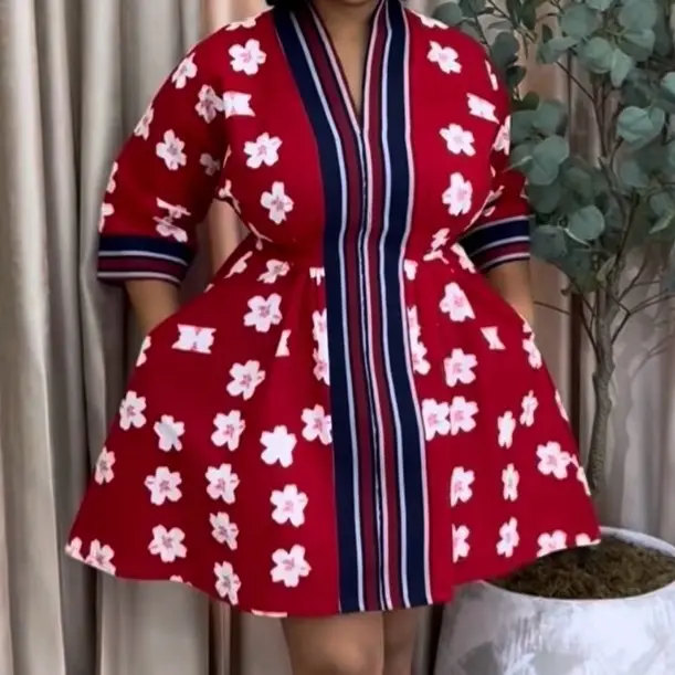 Lady's Africa Print Cotton Summer Dress Stylish Short Sleeve Dress, Trendy Style Women's Casual Dress