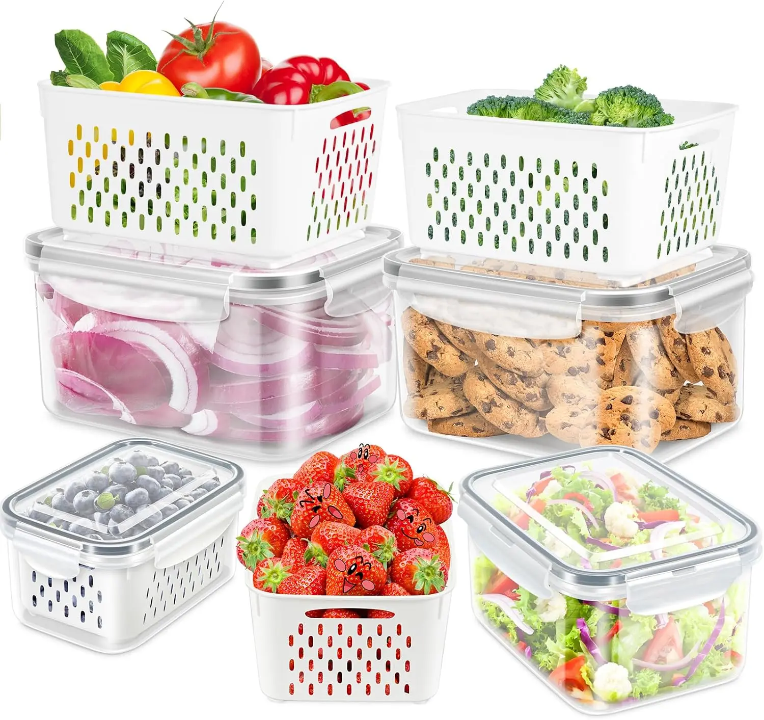 4-Pack Multi-Size Set Transparent PP Plastic Lightweight Food Storage Containers for Fridge, Leak-Proof Stackable Produce Saver Bins with Lids & Removable Colanders, 4-in-1 Kitchen Preserving Containers