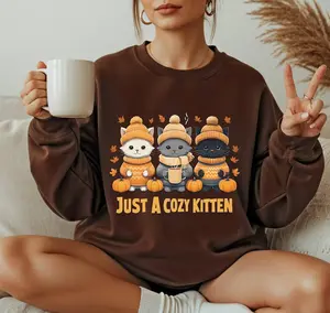 Cozy Kitten Sweatshirt, Cute Fall Cat Lover Pullover, Autumn Pumpkin Cat Jumper Gift