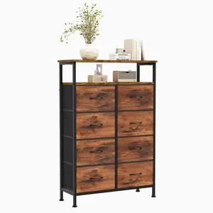 8 Fabric Drawers Cabinet For Living Room Wooden Top TV Stand with Charging Station Raised Shelf Storage Display Furniture
