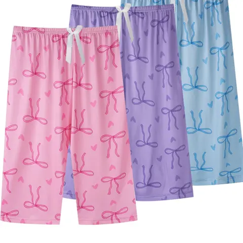 3-Pack Women's 7/8 Sleep Pants, Butterfly Knot Print, Plus Size Floral Summer Pajama Shorts, Loose Fit Casual Home Wear, Loungewear, Nightwear, Womenswear, Pjs, Casual Sleepwear Loungewear
