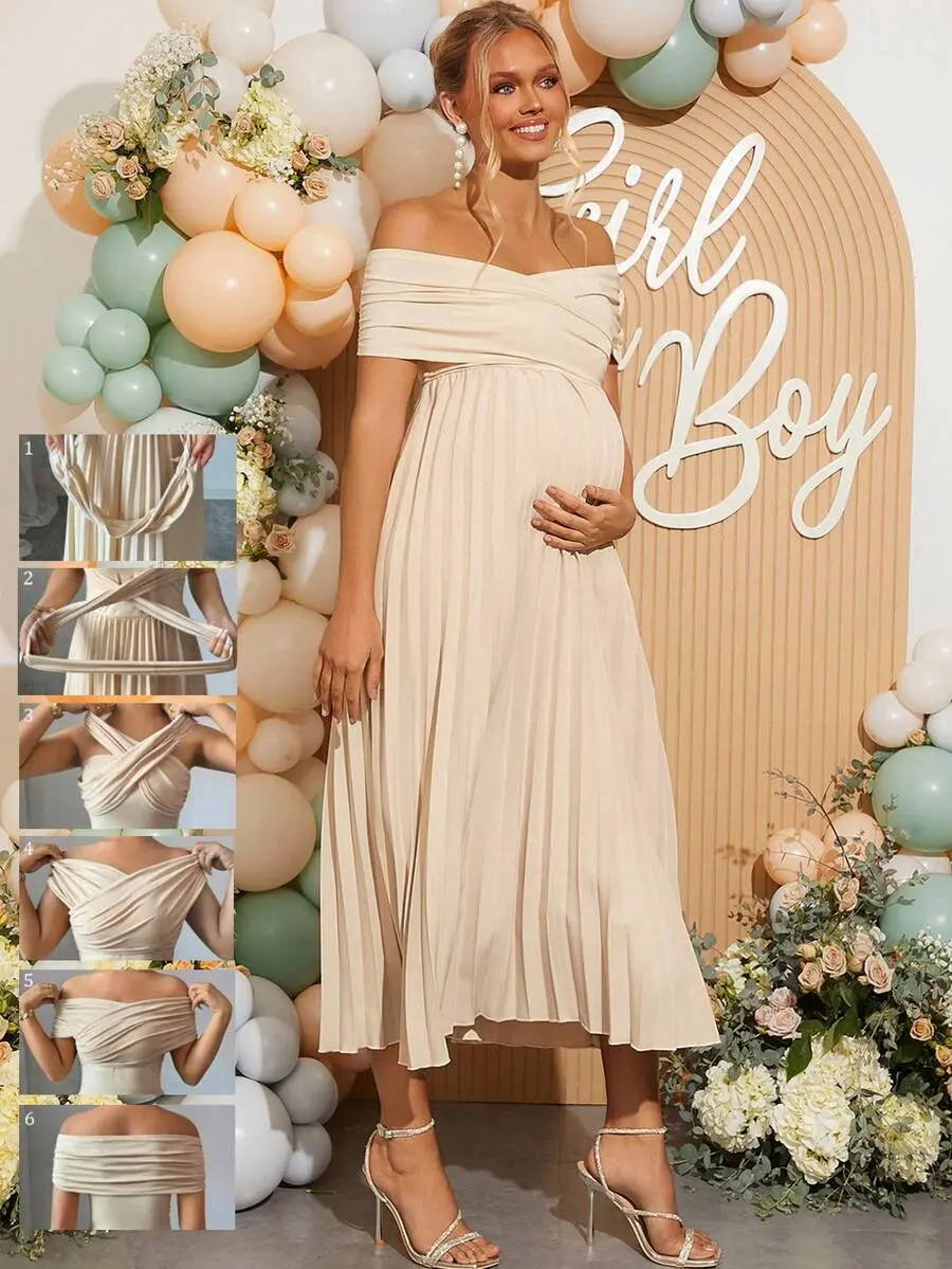 JOCASTAA Elegant Party Solid Color Pleated Off-Shoulder Maternity Dress Beige Scarf Neutral Dresses For Women Earth Tone Two Piece Set