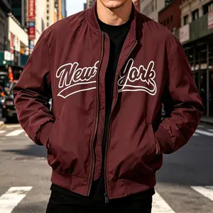 Men’s Retro NYC Brooklyn Graphic Baseball Jacket — lightweight windproof bomber coat with ribbed cuffs and zip-up closure; casual everyday autumn street-style outerwear army green