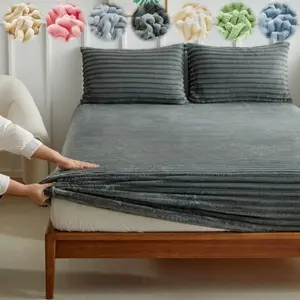 Faux Rabbit Fur Striped Fitted Sheet 3-Piece Set – Luxurious, Soft & Warm Solid Color Bedding, Premium Set (Includes 1 Fitted Sheet + 1/2 Pillowcases), All-Season Use, Perfect for Bedroom, Dorm, Sofa, Fluffy & Cozy, Ideal Christmas Gift