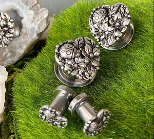 PAIR Heart, Flowers, Ladybug Steel Screw Fit Tunnels Ear Plugs Earlets Gauges - Only 14mm Left In Stock!