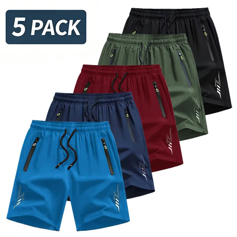 Men’s Quick Dry Athletic Shorts, 5-Pack – Elastic Waist, Drawstring, Zipper Pockets, Knee-Length