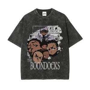 Men's The Boondocks Vintage Washed Heavyweight Cotton T-Shirt, Streetwear Gym Casual Anime Graphic Top, Ideal Gift for Anime Fans