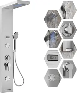 Stainless Steel Shower Panel with LED Display, 3-Function Handheld Shower, Thermostatic Temperature Control, Brushed Finish for Modern Bathroom Upgrade, Wall Mount Rain Shower Tower