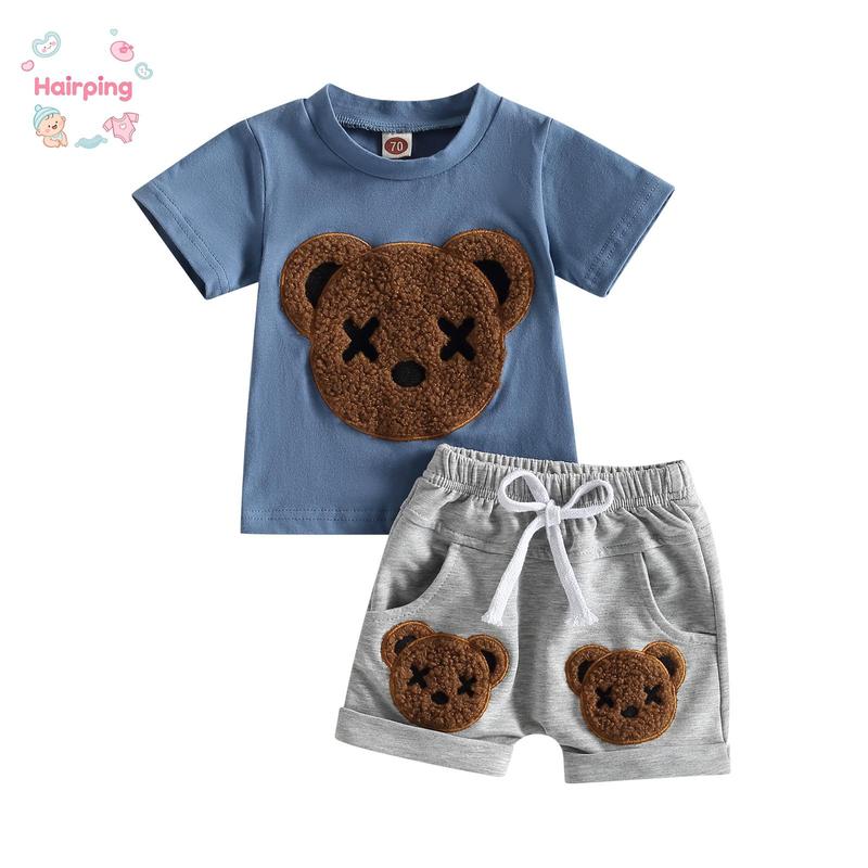 Baby Boys Summer 2-piece Outfits, Cartoon Bear Pattern Short Sleeve T-shirt and Casual Elastic Shorts Set, Casual Baby Boys Outfits