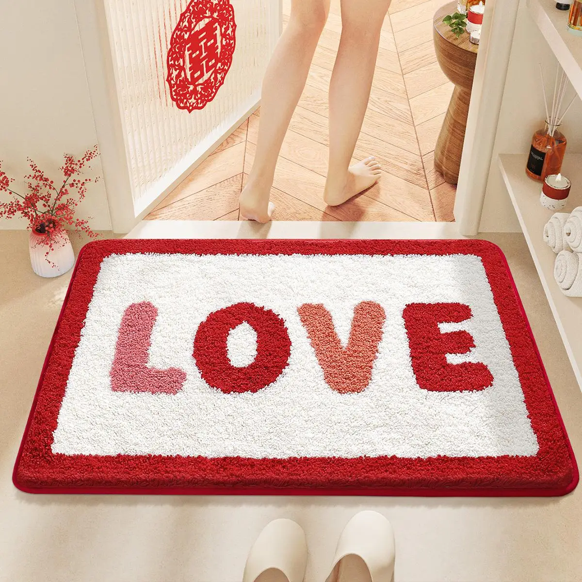 Heart Pattern Door Rug Mat, 1 Count Non-slip Floor Mat, Plush Bathroom Mat, Decorative Mat for Home Living Room Bedroom