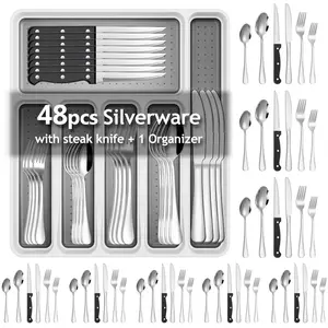 49-Piece Silverware Set with Organizer, Stainless Steel Flatware Cutlery Set for 8 with Tray and Steak Knives, Kitchen Metal Eating Utensils Tableware Sets, Mirror Polished & Rust Proof Matte Black