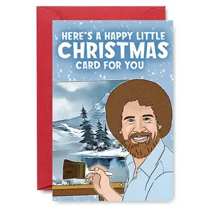 1pc Bob Ross Inspired "Happy Little Christmas Card", Paper Material with Envelope, Featuring the Iconic Painter with Winter Landscape Art, Unique Artistic Greeting for Art Lovers, Family