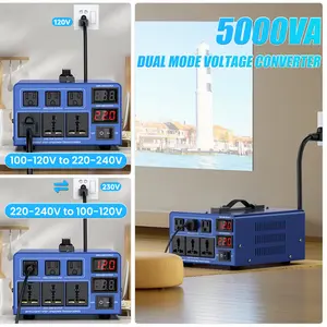 Voltage Conversion Transformer 5000W (peak power)/3000W Step-Up/ Step-Down Converter, capable of converting 110V-120V to 220V-240V and 220V-240V to 110-120V, equipped with 3 US outlets, 3 universal outlets, and a resettable circuit breaker.