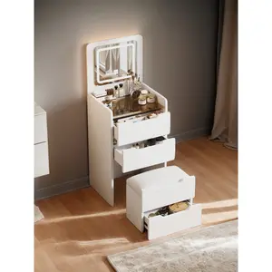 48cm 3-in-1 White Dressing Table, Flip Top Mirror Makeup Vanity with Visible Glass Desktop, Multi-Functional Compact Vanity Desk with 3 Storage Drawers for Bedroom Home Use
