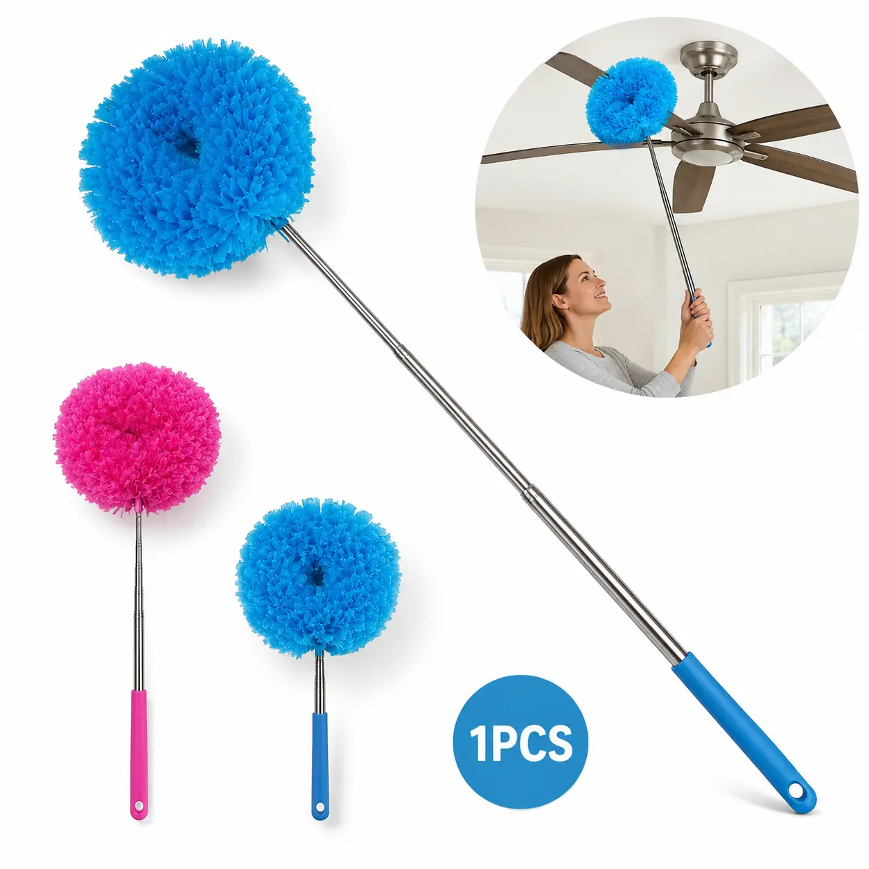 Extendable Ceiling Fan Duster with Long Handle, Stainless Steel Telescopic Pole Microfiber Cleaner for High Places Home Cleaning