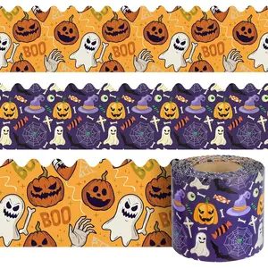 72ft Halloween Bulletin Board Border Spooky Pumpkin Ghost Spider Web Orange Purple Two-Sided Printed Trim  Cut Rolled for Classroom Party School Offices  Wall Decorations