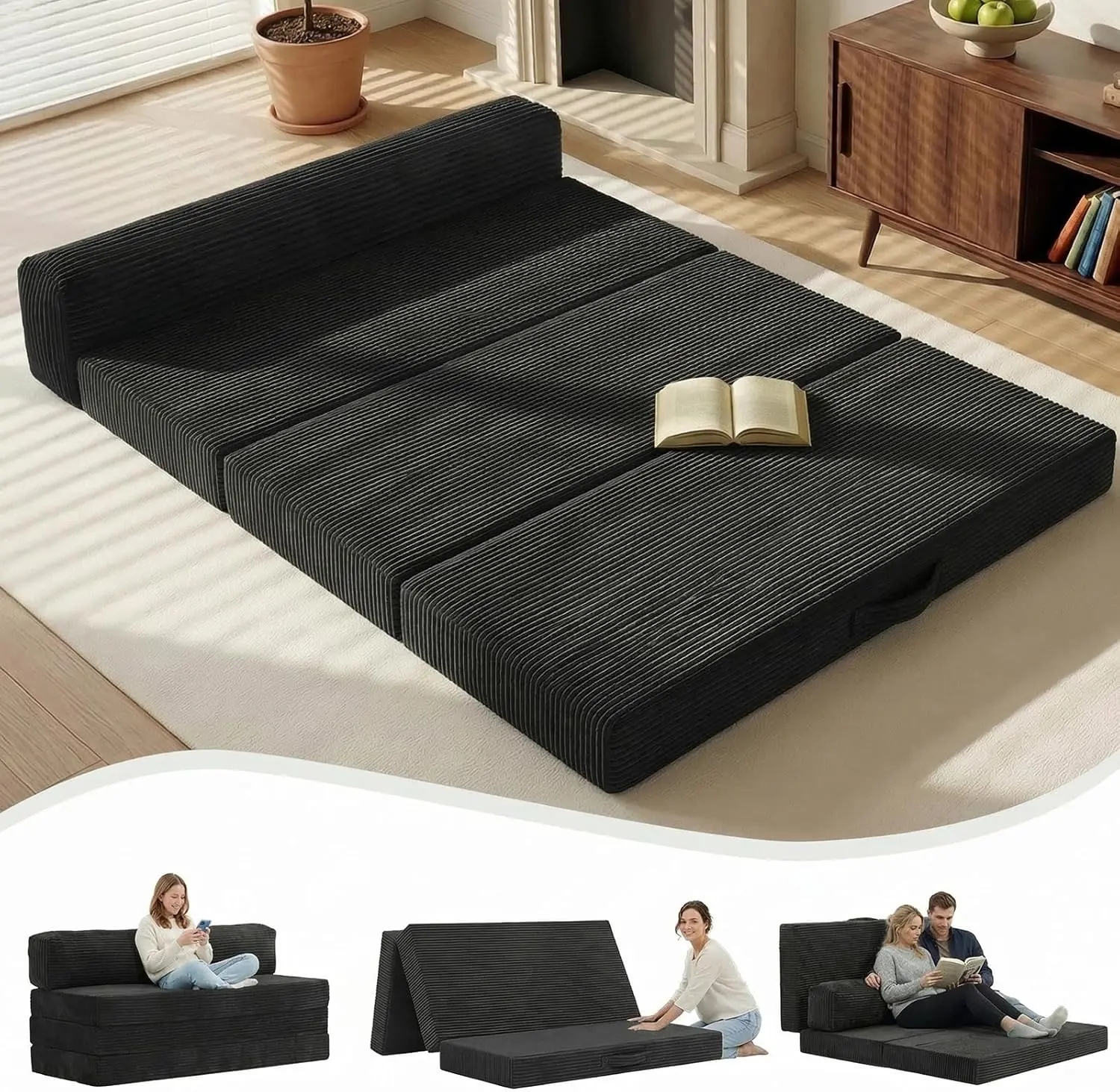 Winzoo Tri-Folding Convertible Sleeper Sofa Bed - Full Mattress, Removable Washable Cushion Covers, High-Density Foam, Space-Saving Indoor Furniture (Full/Queen/King Multi-Size Options), Folding Mattress Couch, Floor Mattress Futon