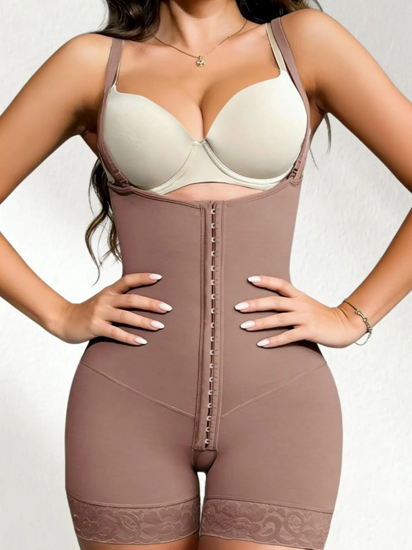 1 Count Women's Open Crotch Jumpsuit, Womenswear, Colombian Shapewear, Underwear, Anti-Slip Lace Hem Body Shaper, Shapewear Bodysuit, 4-Row Hooks Adjustable Body Shaperwear, Daily Wear Shapewear