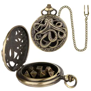 Steampunk Octopus Design Pocket Watch, 1 Set Including 7-dice & Dice Box, Dice Game Props, Role Playing Game Accessories, Perfect D&D Gift with Box