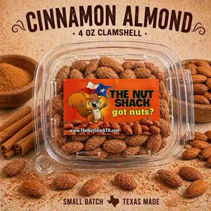 4oz- clamshell  -Cinnamon Sugar Roasted Almonds Texas Made Gourmet Snack Warm Sweet Crunchy Glaze Buttery Premium Nuts Perfect for Snacking Gift Baskets & Holiday Treats -4oz- clamshell