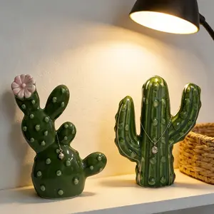 2 Vintage Ceramic Cactus Jewelry Holders, Small Accessory Organizer, Desktop Storage Organizer, Desk Decor, Easy to Clean, Suitable for Various Spaces, Trendy Home Storage