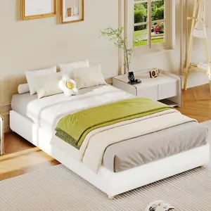 Garvee Twin Size Cloud Bed Frame，Corduroy Low Bed Frame Without Headboard, Thick Fabric Upholstered Platform Bed, Solid Wood Legs, No Box Spring Needed, Never Squeak, Easy Assembly, White