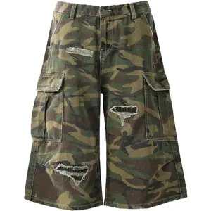 Supermade Camo Jorts Streetwear Distressed Camouflage Shorts Y2k Outdoor Baggy Trousers Pants