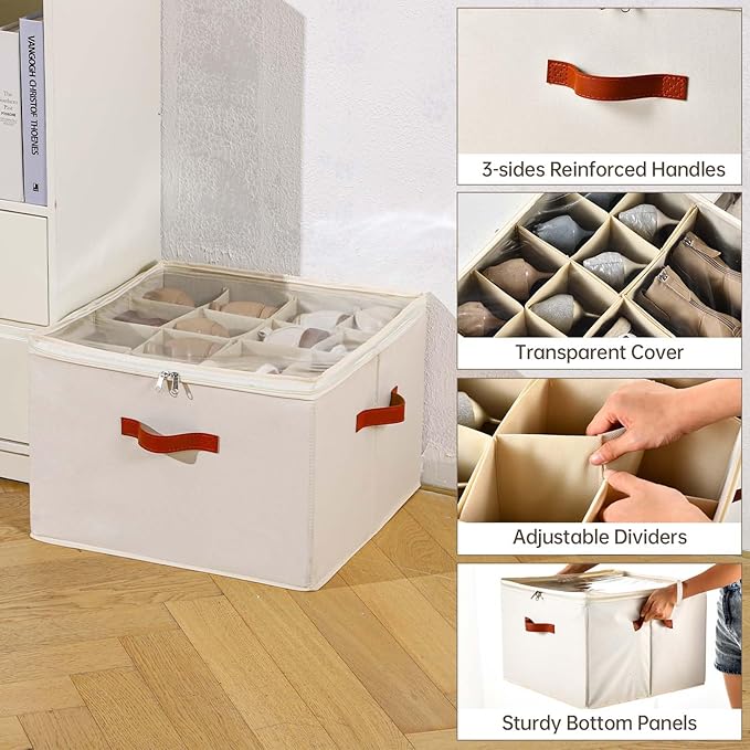 StorageWorks Foldable Shoe Organizer for Closet with Adjustable Dividers Fabric Container Stackable Bins for Boots Sneakers Fits 16 Pairs 17x17x12.5 Inches