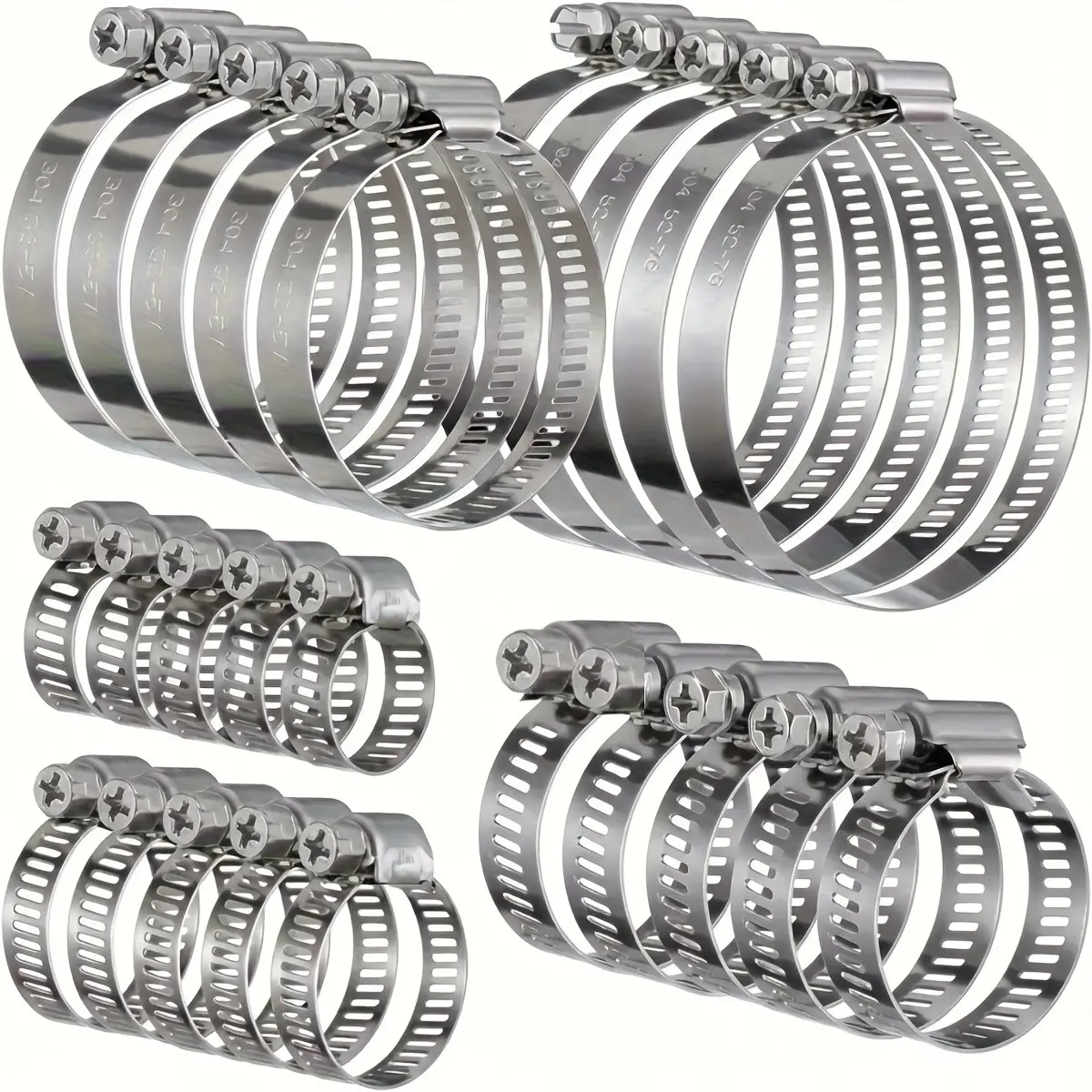 Adjustable Stainless Steel Hose Clamps Set, 5 Pieces, Sizes 1/4" to 1-1/8", Ideal for Plumbing, Car Pipe Repair, Water Connection, Garden Use, Hose Attachment