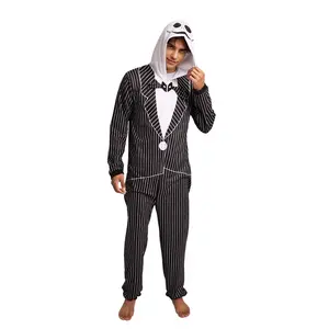 Nightmare Before Christmas Jack Skellington Adult Long Sleeve Hooded Cosplay Union Suit Onesie Costume-Small