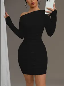 Double Layer Long Sleeve Sexy Asymmetrical Shoulder Ruched Bodycon Sports Dress, Women's Fashionable Workout