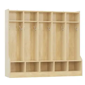 GAOMON Coat Locker with Bench for Classroom, Smooth Wood Surface 10 Cubbies, Daycare Cubby with 4 Hidden Casters & 10 Hooks, Cubby Storage Organizer for Nursery, Home, School