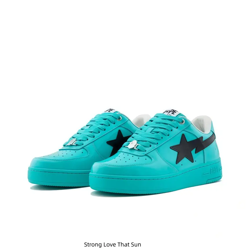 Unisex Full Turquoise Low-Top Sneakers with Black Star Lightning Logo, matching turquoise laces and integrated thick sole, minimalist solid-color street-style daily casual shoes for men and women