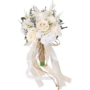 Bridal Bouquet for Bridesmaids, White Champagne-Colored Artificial Rose Wedding Decoration (7.5 inches)