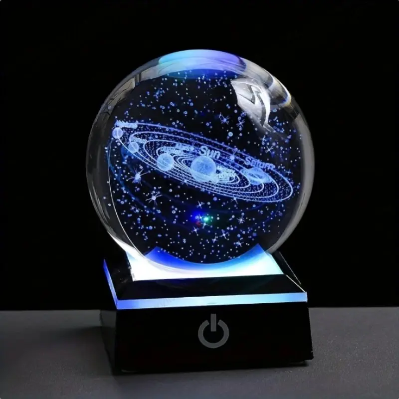 Small 3D Solar System Crystal Ball, Touch LED Base, Planet Globe Night Light, Home Decor, Home Classroom Decorations, Gift for Astronomy Lovers, Educational Space Model, 3.15 Inches