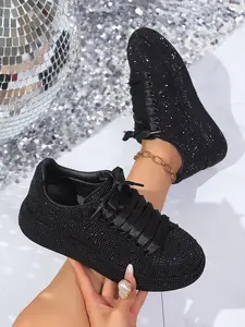 Full Diamond Thick Sole Sport Casual Shoes, Unique Design Handmade Embellished Luxury Thong Dad Sneakers, Party Banquet Multi-Scene Cool Women's Shoes